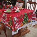 Nappe de nol - rouge - dessin anim pre nol - polyester - 150x300 cm