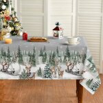 Nappe de no�l - zuuko - motifs flocons de neige arbres bonhomme de neige renne - 140x220 cm - gris