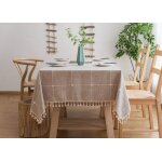 Nappe � pompons 140 x 140 beige � carreaux en coton et lin - nappe de table basse carr�e lavable - housse ...