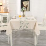 Nappe rectangulaire en coton et lin anti - poussi�re lavable beige avec pompon et broderie de feuilles ...