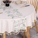 Nappe ronde 140 cm lin coton anti - tache ? broderie feuilles vertes beige label