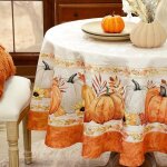 Nappe ronde automne 140cm rouge orang anti tache motif rne blanche jacquard avec citrouille et rouge ...