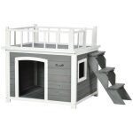 Niche avec balcon + escalier pour chiens moyens&grands surleve en bois sapin + fentre - espace extrieur ...