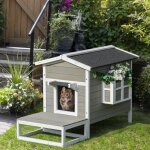 Niche maison pour chat avec terrasse & balcon adapt�e chiens - 115x665x747cm - design sapin gris & blanc ...