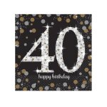 Serviettes en papier - 40me anniversaire - noir et or - paquet de 16 - 33 cm - adulte