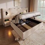 O. ye lit coffre 180x200 cm avec lampe de lecture et fonction de charge avec sommier � lattes lin (sans ...