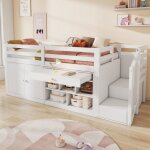 O. ye lit enfant 90x200 bois blanc multifonction - bois avec escalier et rangement - tiroirs + bureau ...