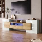 O. ye - meuble tv lgant meuble tv bas blanc brillant avec tiroirs clairage led surface en verre design ...