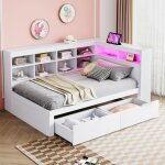 Okwish lit enfant 90x200 cm lit banquette avec usb et led 2 tiroirs et compartiments de rangement bois ...