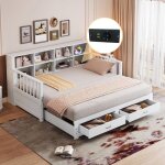 Okwish lit gigogne 90 / 180x190cm - compartiment de rangement - prise usb - 2 tiroirs - bois - blanc ...