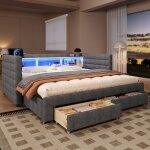 Okwish lit gigogne 90�190 cm lit de rangement avec led et usb compartiments et sommier � lattes en velours ...