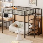 Okwish lit mezzanine 140200 cm - avec escalier de rangement armoire ouverte sommier inclus - mtal noir ...