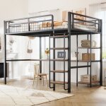 Okwish lit mezzanine adulte 140200cm - chelle de scurit avec marches - barrire et sommier inclus ...