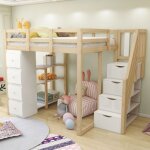Okwish lit mezzanine en bois 140200 cm avec 4 tiroirs tagres et escalier de rangement sommier inclus ...
