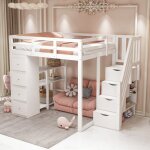 Okwish lit mezzanine en bois 140�200 cm avec 4 tiroirs �tag�res et escalier de rangement sommier inclus ...