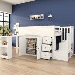 Okwish lit mezzanine enfant 90�200cm - bureau extensible - compartiment de rangement lat�ral - placard ...