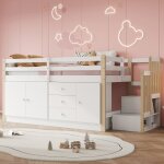 Okwish lit mezzanine enfant 90�200cm - lit simple avec escalier - 3 tiroirs - 2 compartiments de rangement ...