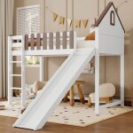 Okwish lit mezzanine enfant 90x200cm - decoration forme de maison - chelle et toboggan - sommier inclus ...