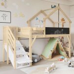 Okwish lit mezzanine enfant 90x200cm - escalier de rangement - tableau - forme de maison - sommier inclus ...