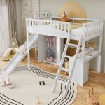 Okwish lit mezzanine enfant 90x200cm - table et armoire inclus - espace de rangement - �chelle et toboggan ...