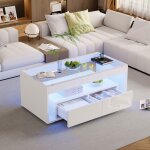 Okwish table basse blanche en verre 1005040 cm table basse de salon avec led et 2 tiroirs design  ...