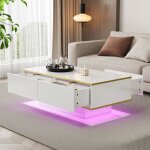 Okwish table basse led 100x50x40 cm avec 3 tiroirs de rangement design laqu� blanc et dor�