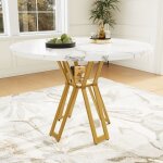 Okwish table � manger ronde 100�100�76cm table avec plateau en placage marbr� et pieds m�tallique forme ...