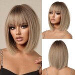 Ombre blonde bob perruque avec frange courte perruque droite pour les femmes perruques de cheveux synthtiques ...