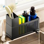 Organiseur d�vier de cuisine porte - �ponge avec plateau de vidange amovible cloisons et porte - brosse ...
