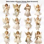 Ornements suspendus en bois - ang�liques - blancs - clochettes dor�es - rubans - 12 pi�ces