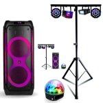 Pack enceinte bluetooth usb active autonome ibiza 1200w columba1200 - pied support lumire - 4 jeux lumires ...