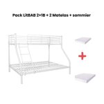 Pack: lit superpos en mtal costo sommier inclus + 2 matelas 90 / 140x190 cm 3 places blanc