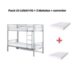 Pack : lit superpos + matelas compris sparable mtal luna 1 + 1 90x190 cm sommier inclus gris
