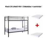 Pack : lit superpos� + matelas compris s�parable m�tal luna 1 + 1 90x190 cm sommier inclus noir