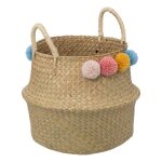 Panier pliable en roseau  pompons  38cm naturel