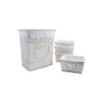Panier  linge et 4 corbeilles coeur en osier et coton blanc (lot de 5)
