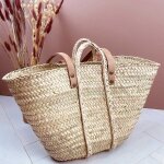 Panier fait � la main en palmier avec double anses palmier et cuir