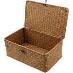 Panier de rangement en rotin tressé avec couvercle pour salle de bain salon ou cuisine Panier de rangement en rotin tressé avec couvercle pour salle de bain salon ou cuisine