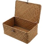 Panier de rangement en rotin tress� avec couvercle pour salle de bain salon ou cuisine