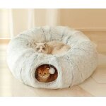 Panier rond chat - refuge - tunnel de jeu - tissu peluche doux - 85 cm - gris clair