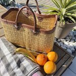 Cabas - naturel - rectangulaire vas - jonc et cuir - 45x31x19 cm - femme