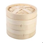 Panier vapeur en bambou  2 niveaux pour cuisson du riz chinois naturel avec couvercle (18 cm) label
