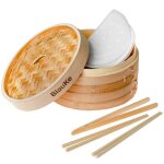 Panier vapeur en bambou 25cm avec 2 paires de baguettes r�utilisables 50 papiers pinces - cuiseur � 2 ...