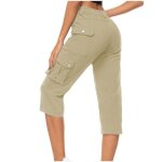 Pantacourt cargo femme multipoches taille haute casual pantalon court de travail lastique couleur unie ...