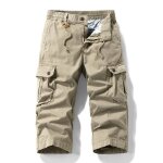 Pantacourt en coton multi - poches longueur 4 / 5 cargo homme casual couleur unie - kaki