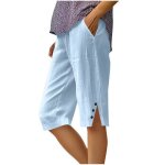 Pantacourt femme en coton lin casual relaxed fit - bleu Pantacourt femme en coton lin casual relaxed fit - bleu