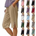 Pantacourt femme en coton lin casual relaxed fit - kaki Pantacourt femme en coton lin casual relaxed fit - kaki