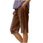 Pantacourt femme en coton lin casual relaxed fit - marron Pantacourt femme en coton lin casual relaxed fit - marron