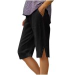 Pantacourt femme en coton lin casual relaxed fit - noir Pantacourt femme en coton lin casual relaxed fit - noir