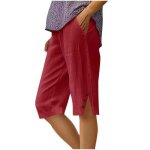 Pantacourt femme en coton lin casual relaxed fit - rouge Pantacourt femme en coton lin casual relaxed fit - rouge